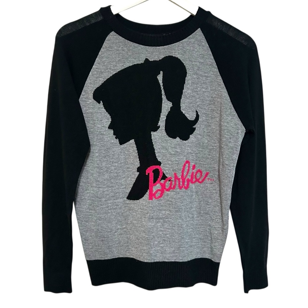 Mattel M retro Barbie logo silhouette knit sweater crewneck raglan lightweight